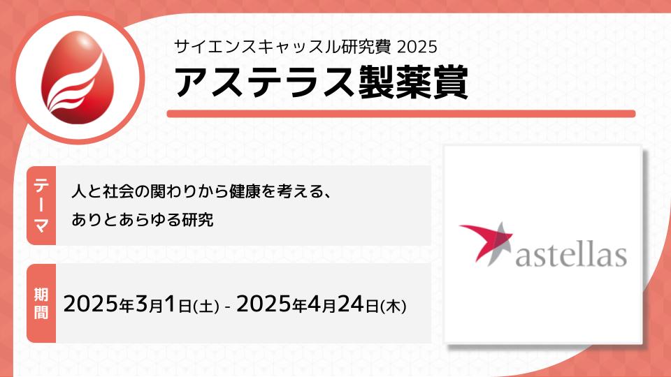 サイエンスキャッスル研究費2025「アステラス製薬賞」募集開始！